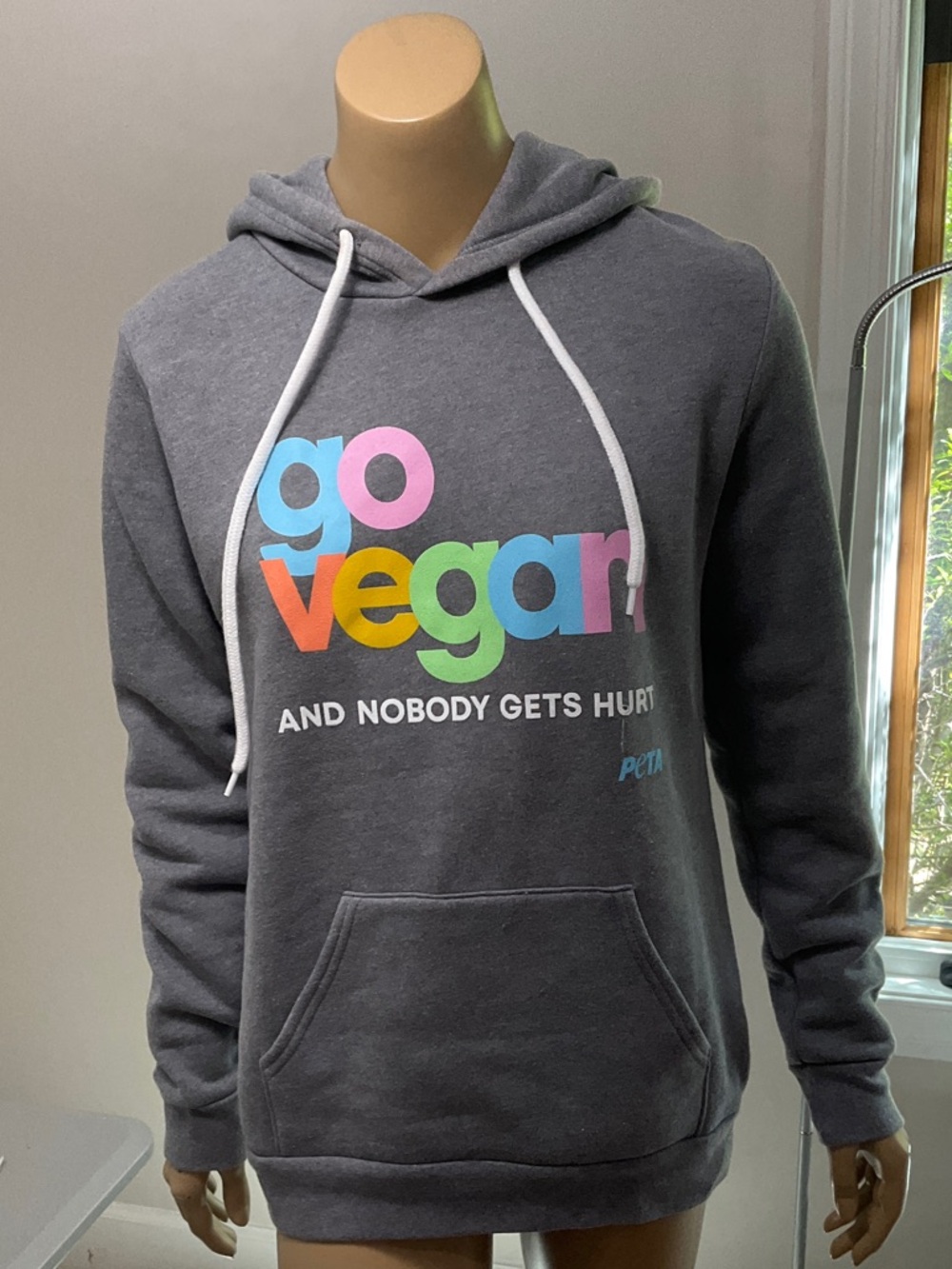 PETA "Go Vegan" Gray Hoodie with Multicolor Logo